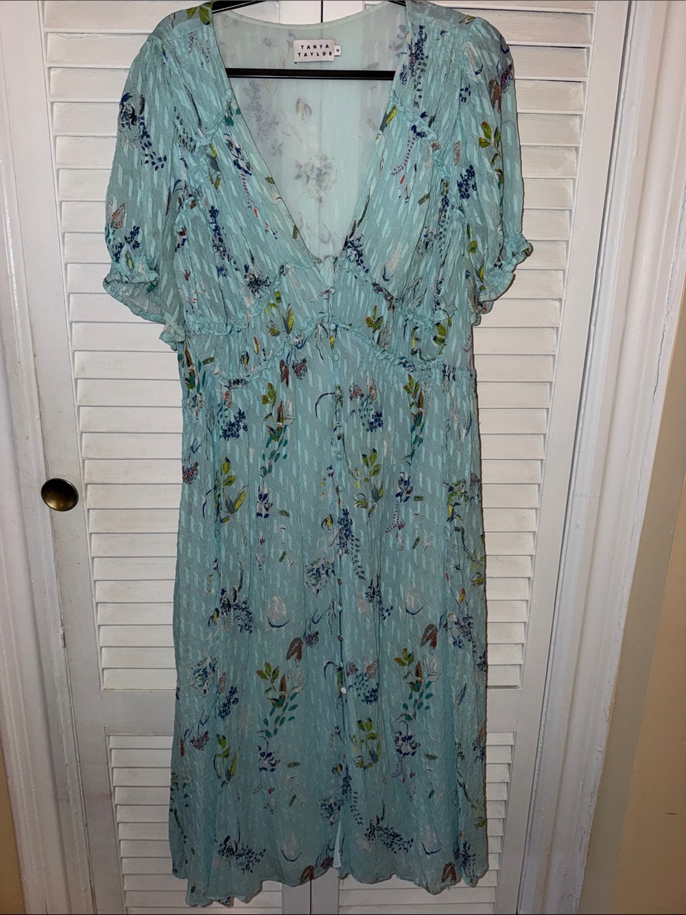 Tanya Taylor Mint-Blue Floral V-Neck Midi Dress